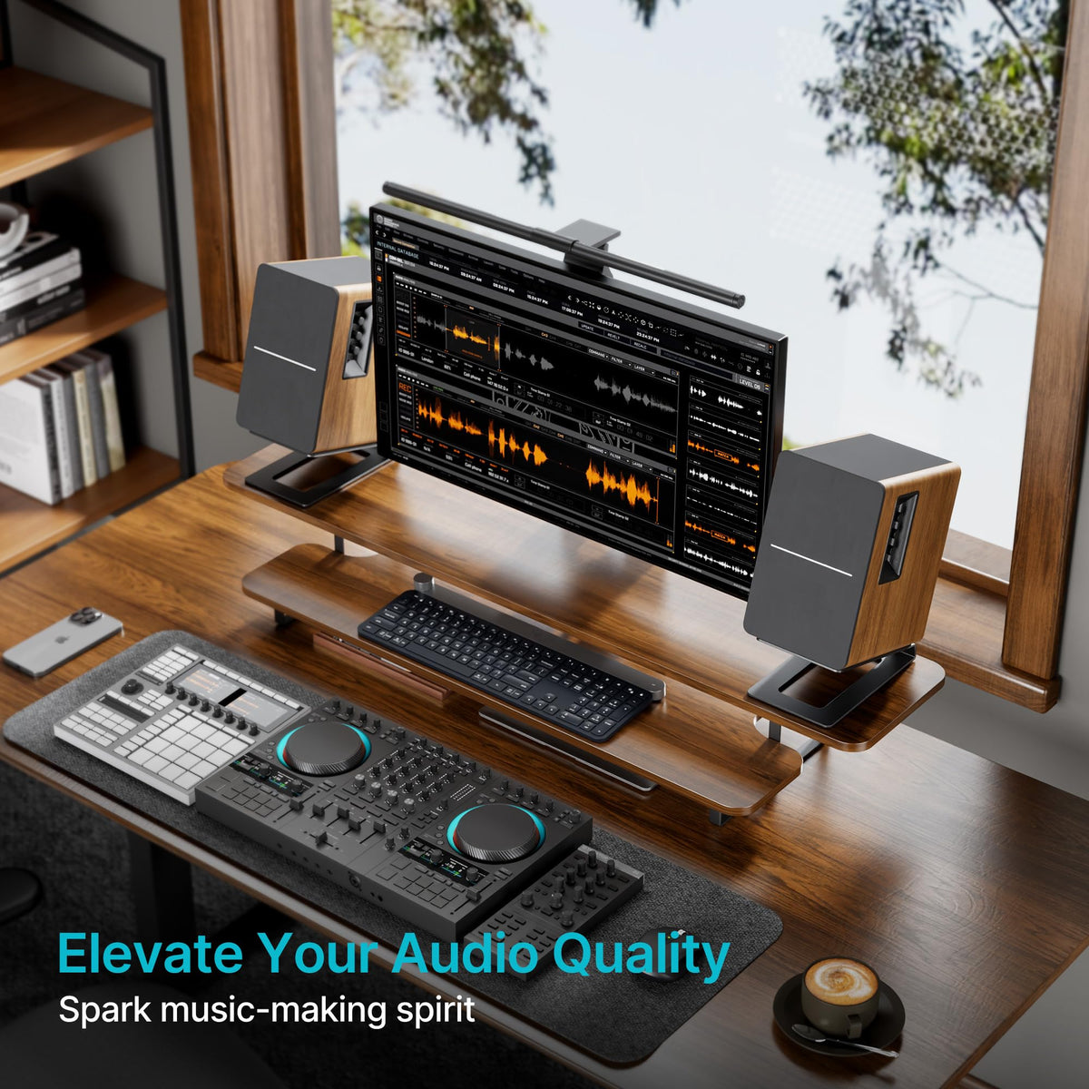 PEGZONE space-saving desk stand elevates speakers to free desktop space.