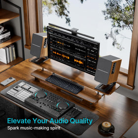 PEGZONE space-saving desk stand elevates speakers to free desktop space.