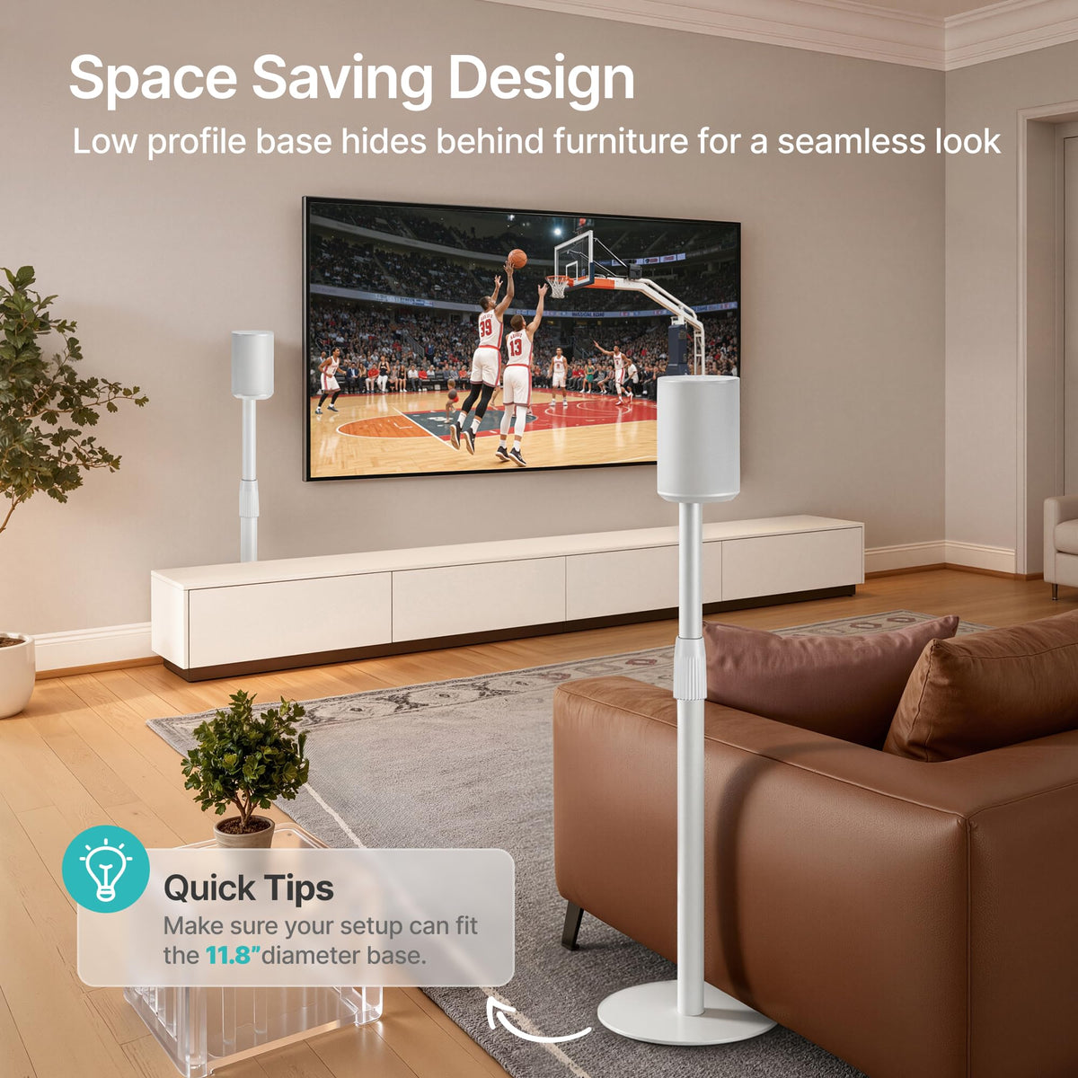 PEGZONE stand with Sonos Era in living room demonstrating improved listening placement benefit