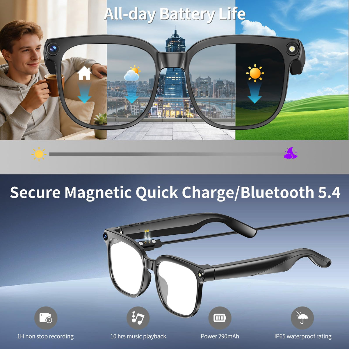 PEJE AI Smart Glasses open-ear audio for clear calls and music.