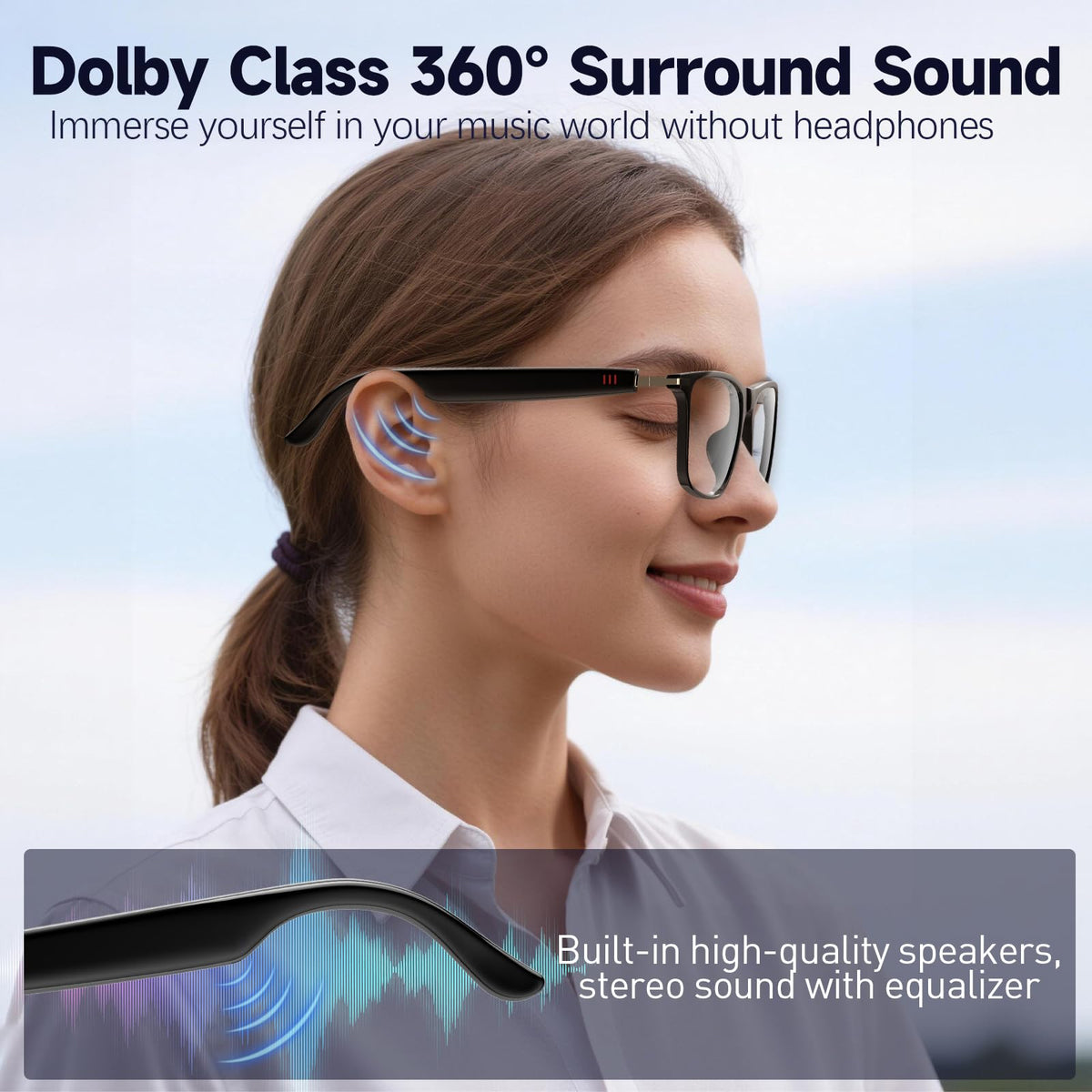 PEJE AI Smart Glasses built-in 360° stereo speakers deliver clear music and calls.