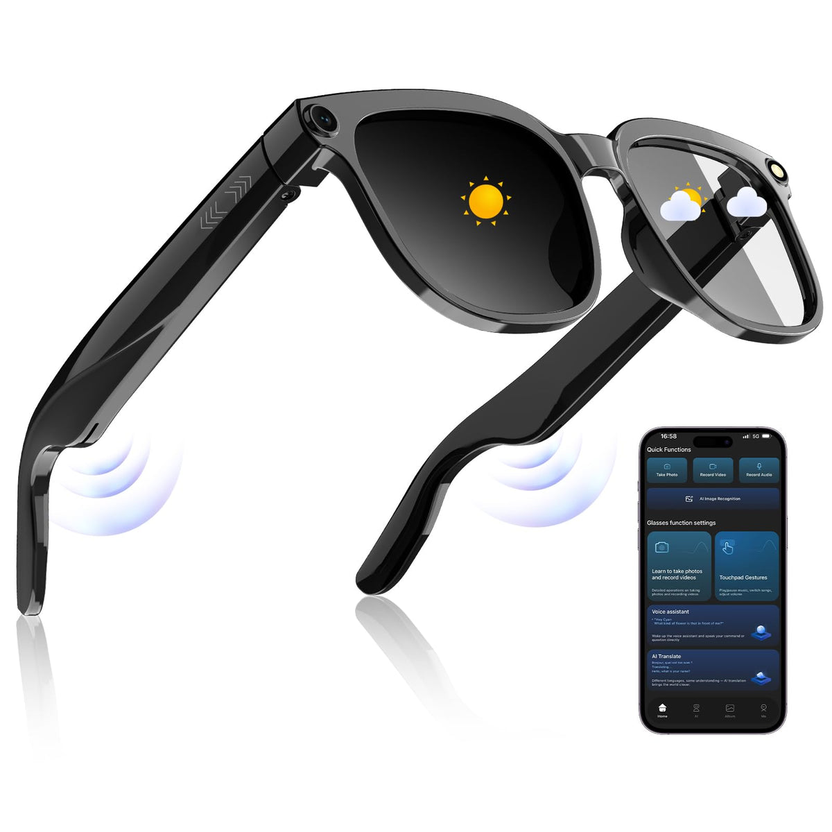 PEJE front view of smart glasses highlighting camera and frame, clear capture benefit