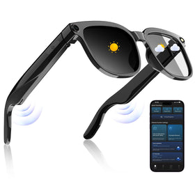 PEJE front view of smart glasses highlighting camera and frame, clear capture benefit