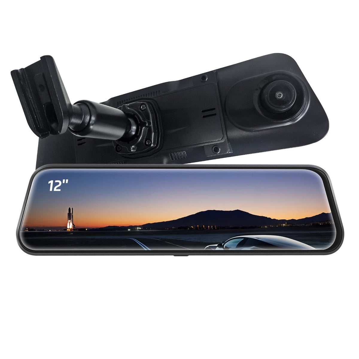 Pelsee bracket with 12-inch mirror dashcam attachment provides stable footage.