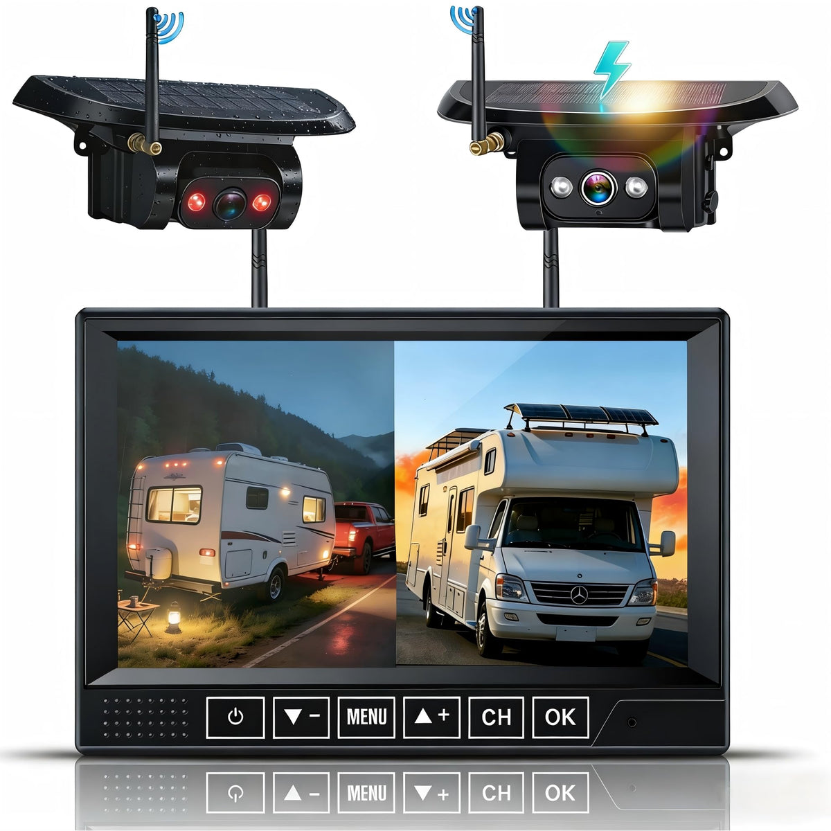 Pemacom HD1080P dual backup camera provides sharp rear view for safer towing and parking.