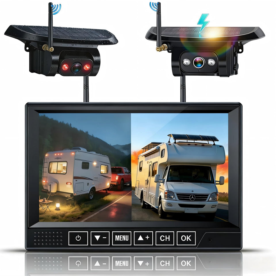 Pemacom HD1080P dual backup camera provides sharp rear view for safer towing and parking.