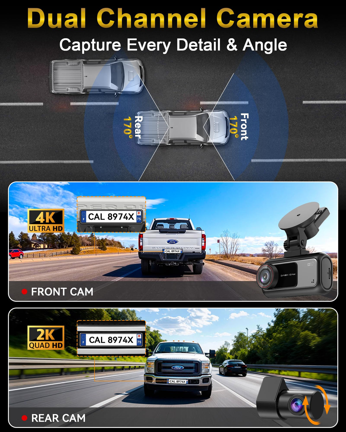 Pemacom truck dash cam rear 2K records the rear view for complete coverage.