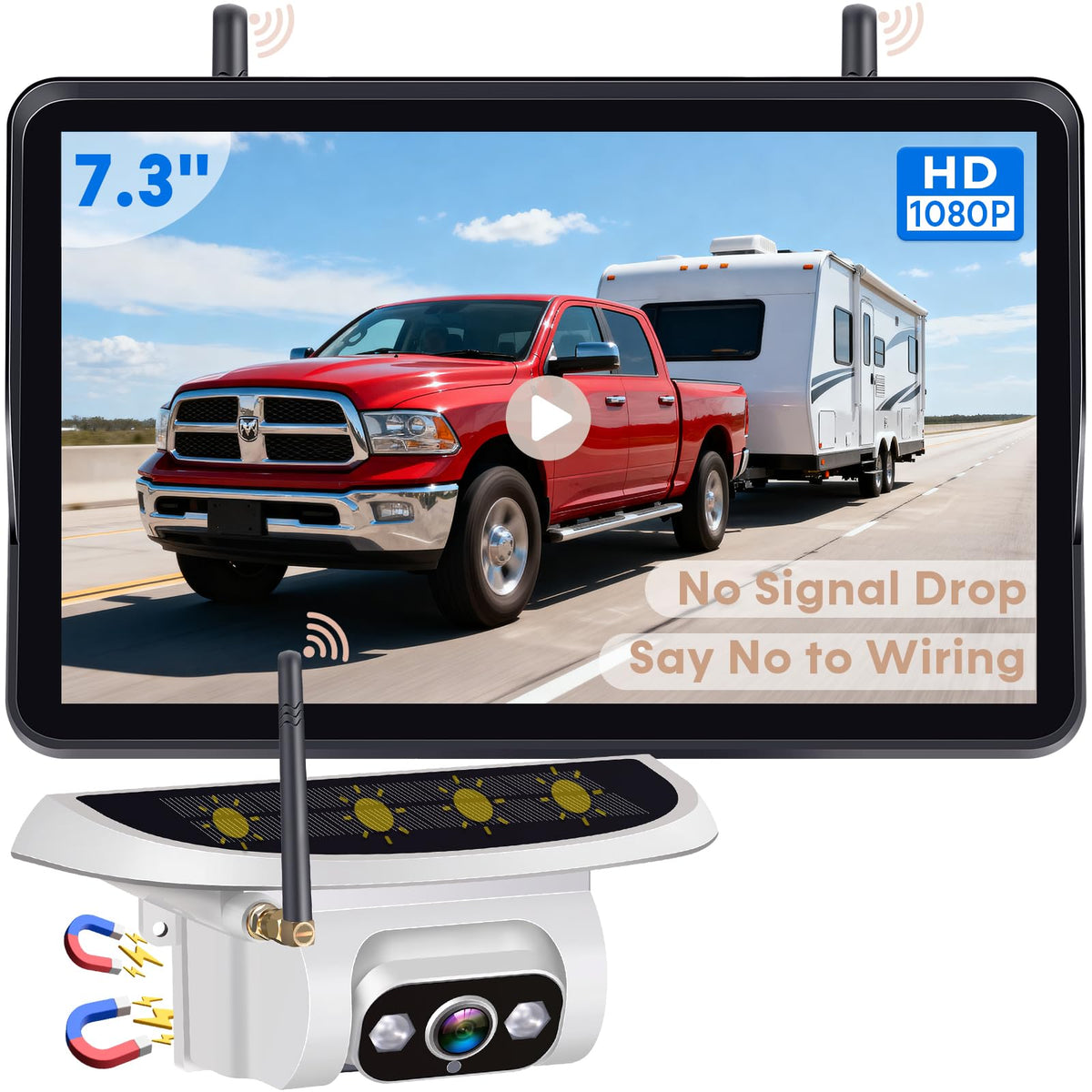 Pemacom wireless backup camera with magnetic attachment for quick, mark-free towable RV mounting