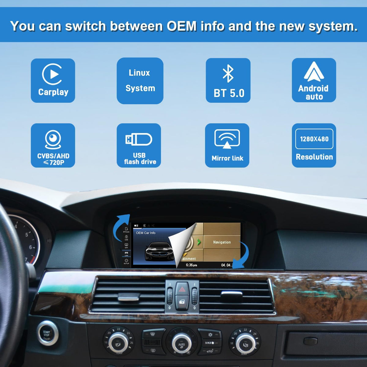 PEMP 8.8-inch Linux screen Android Auto interface on BMW dashboard.