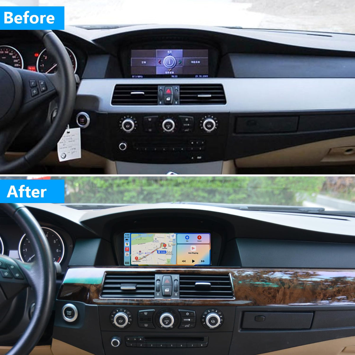 PEMP 8.8-inch Linux screen dash mount view for a retrofit-ready BMW.
