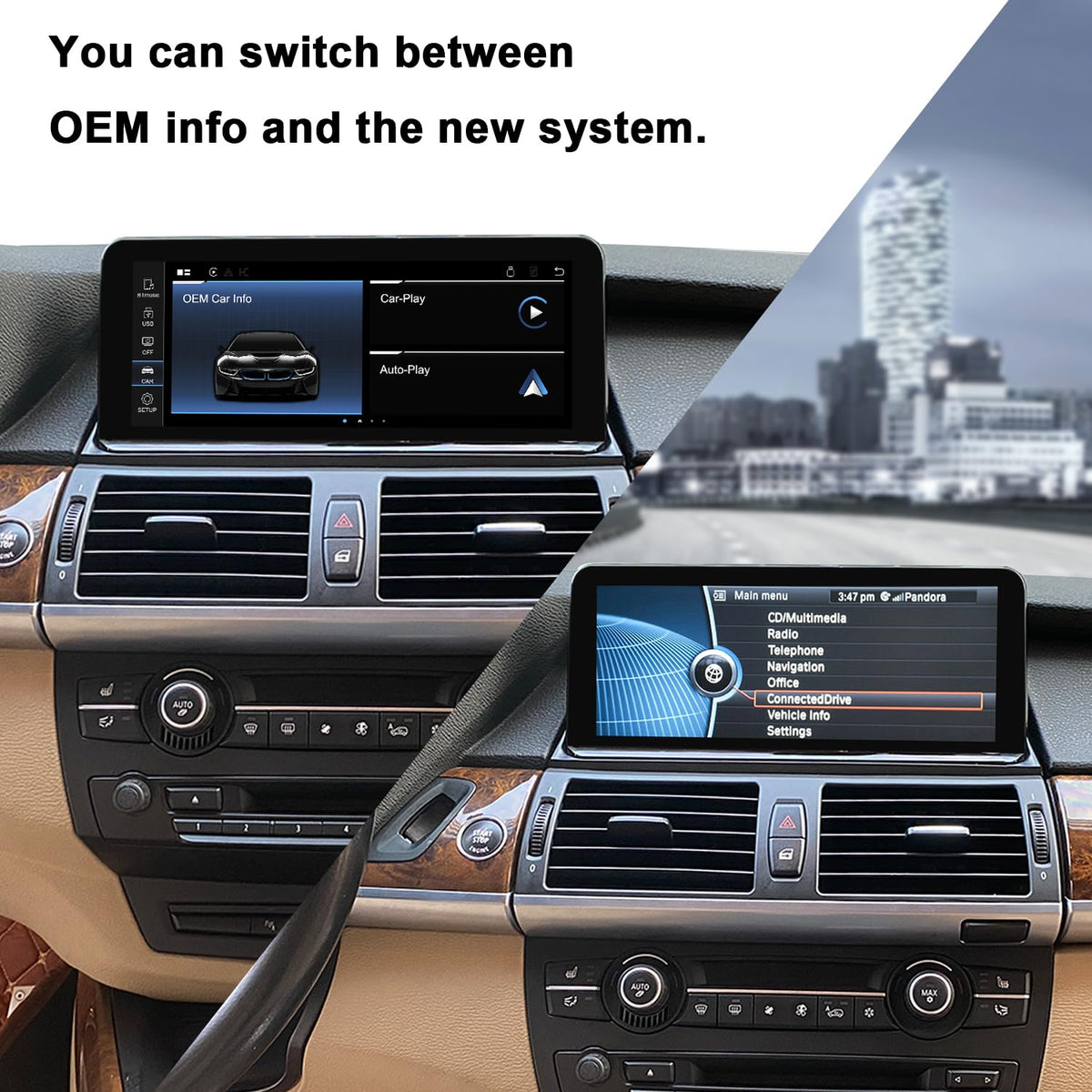 PEMP OEM info display integration allows quick switch to CarPlay from OEM interface.