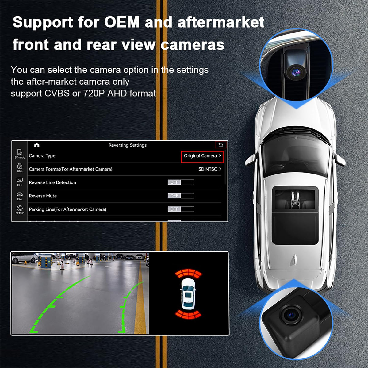 OEM info mode illustrating switch between Factory and CarPlay interfaces via long press.