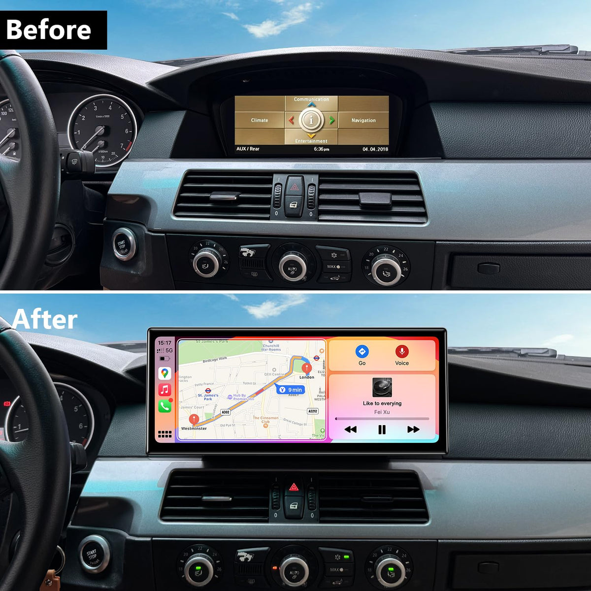 PEMP wired CarPlay and Android Auto setup in BMW E60 dashboard.