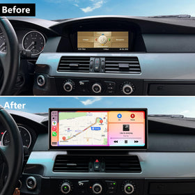 PEMP wired CarPlay and Android Auto setup in BMW E60 dashboard.
