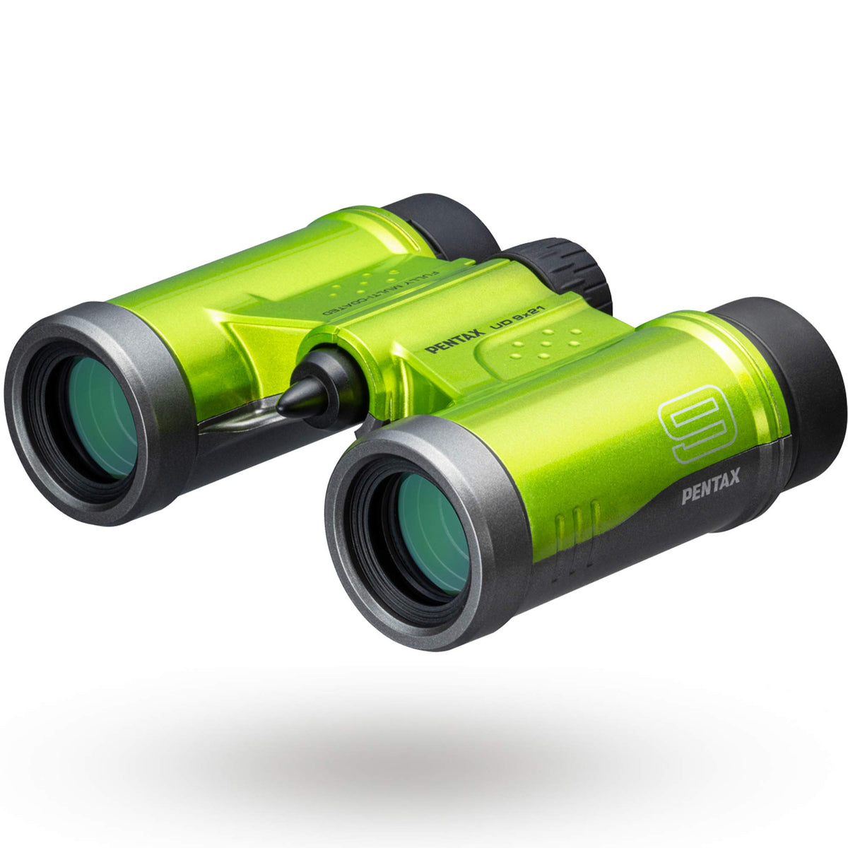 Pentax 61813 binoculars front view in green highlighting compact size and clarity.