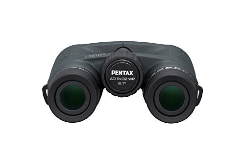 Pentax AD 9x32 WP binoculars close-up of lens coatings for bright images.
