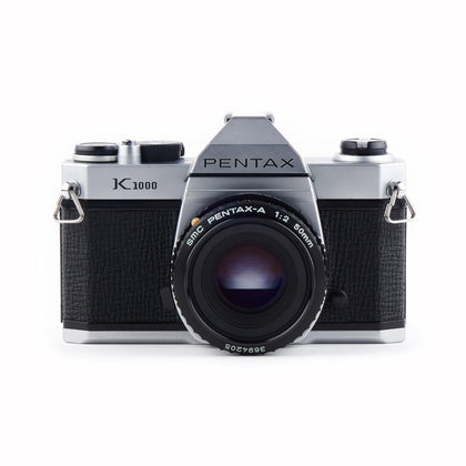 Pentax K1000 body with 50mm lens ready for manual exposure control