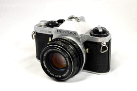 Pentax ME Super front view showing compact body and classic controls for easy film shooting.