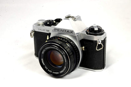 Pentax ME Super front view showing compact body and classic controls for easy film shooting.