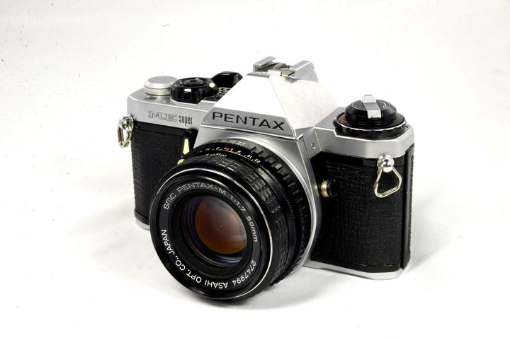 Pentax ME Super front view showing compact body and classic controls for easy film shooting.