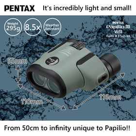 Pentax Papilio III WR Olive fully multi-coated optics deliver bright, detailed views.