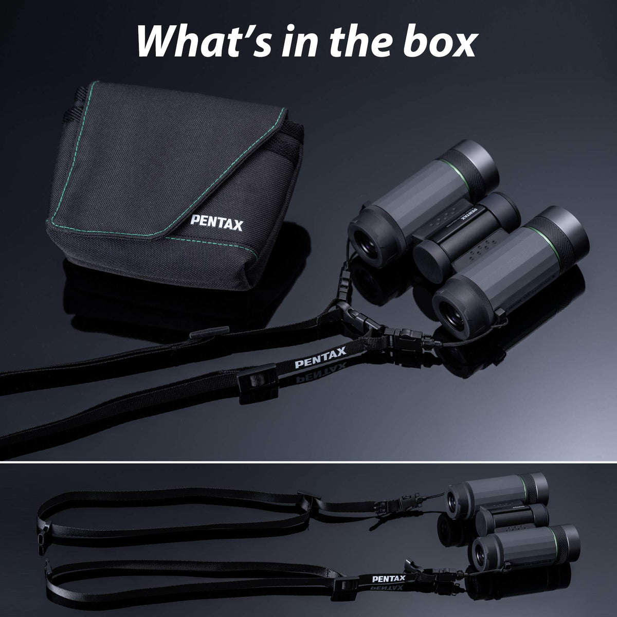 Includes neck strap, case, and TP-3 tripod adapter option.