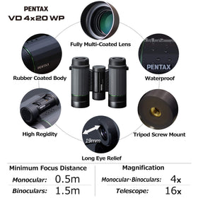 Pentax VD 4x20 WP full multi-coated optics reduce reflections for bright imagery.