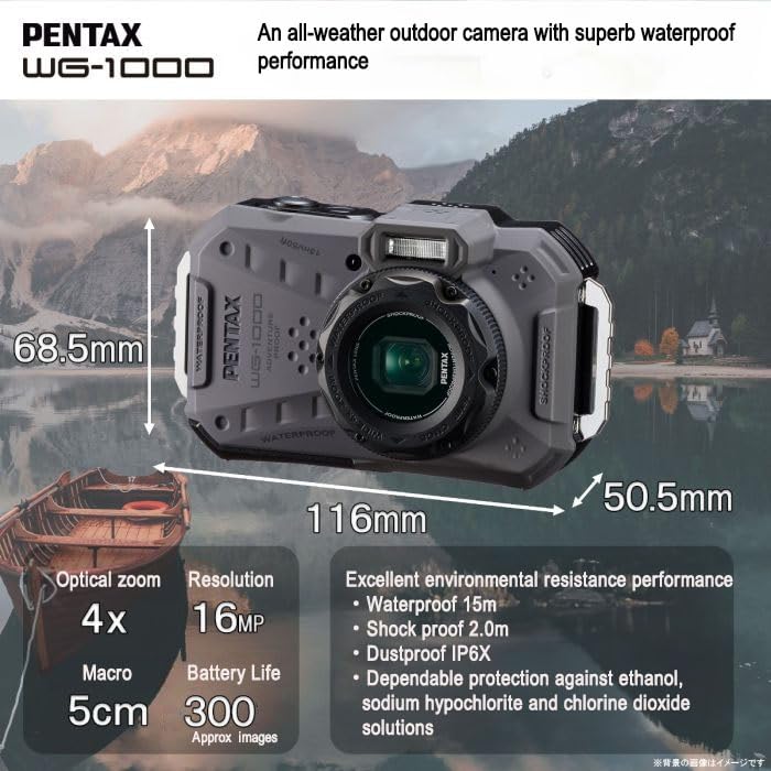 Pentax WG-1000 Olive 27mm wide-angle zoom for expansive landscapes