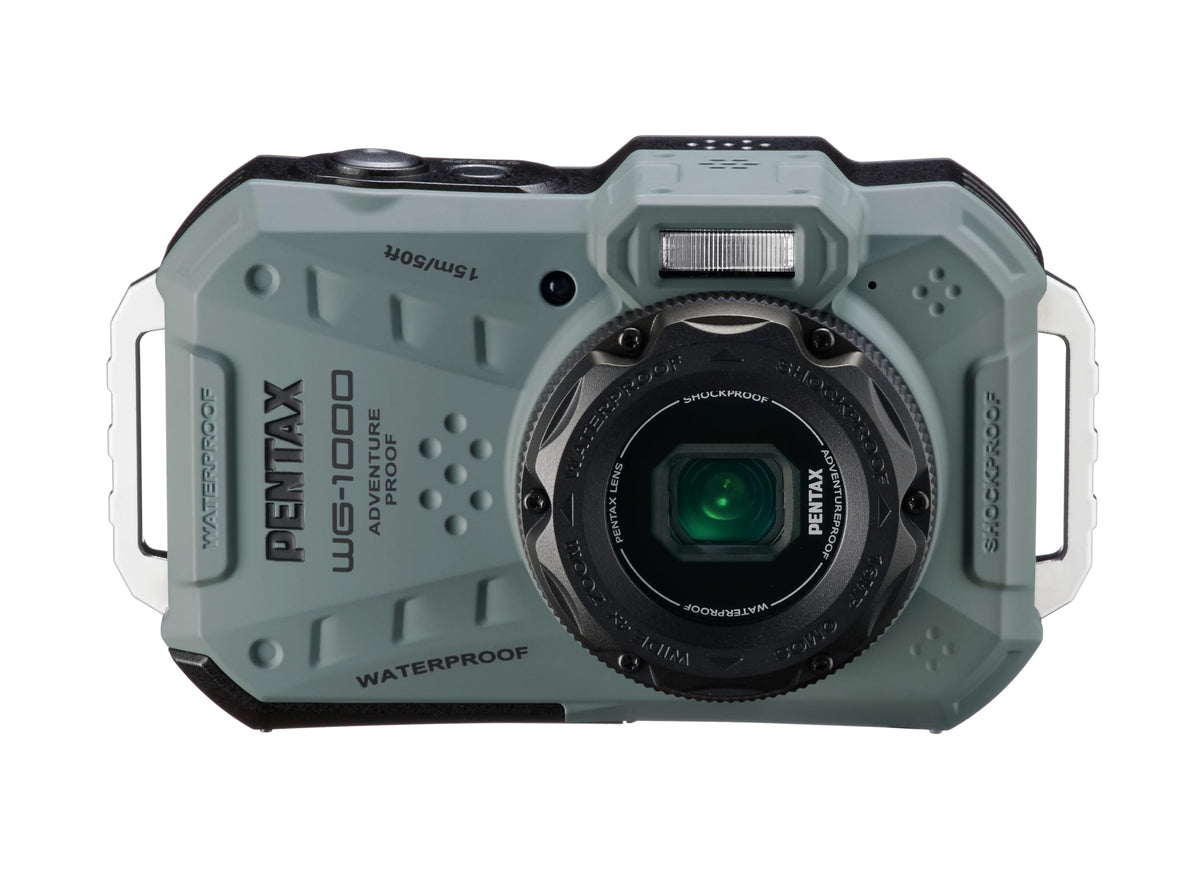 Pentax WG-1000 Olive waterproof camera shows 15 m depth capability for outdoor use