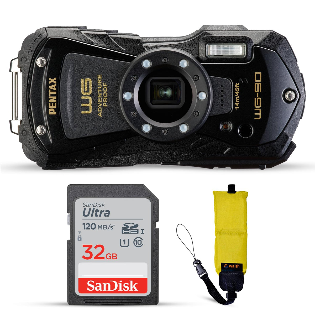 Pentax WG-90 black camera front view, rugged build for outdoor adventures