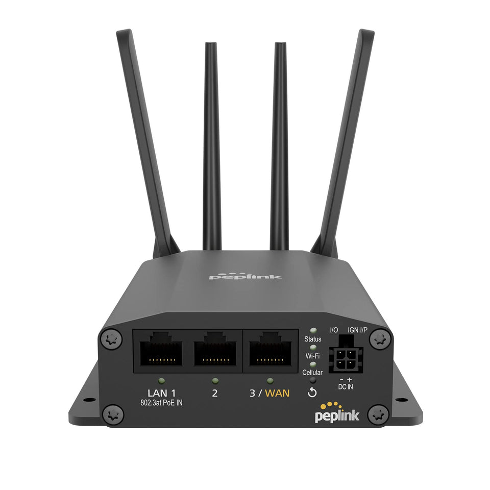 Peplink MAX BR1 Mini front view, compact design ideal for portable deployments.