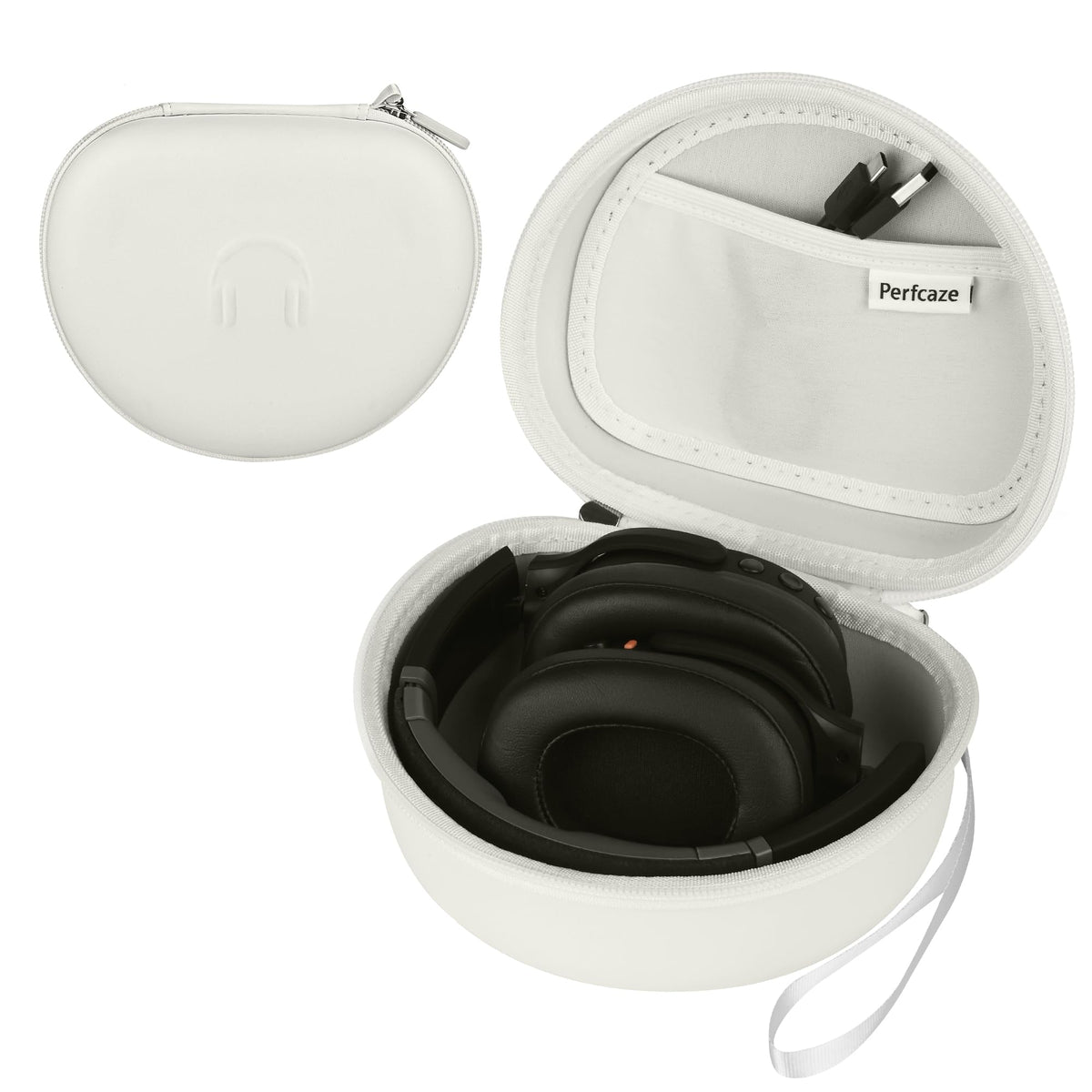Perfcaze front view showing case protecting headphones, durable protection