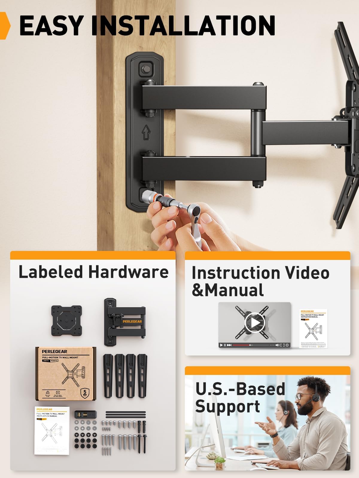 Perlegear cable-management solution keeps cables tidy.