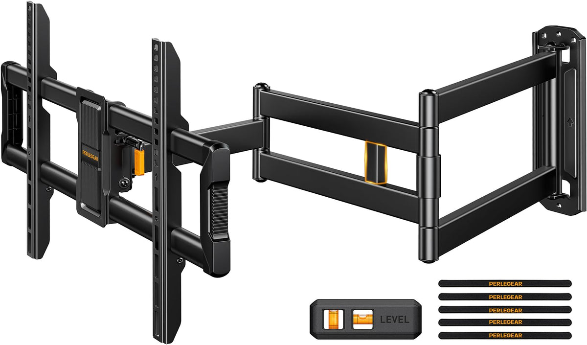 Perlegear corner TV wall mount with 37.2-inch extension for versatile viewing angles.
