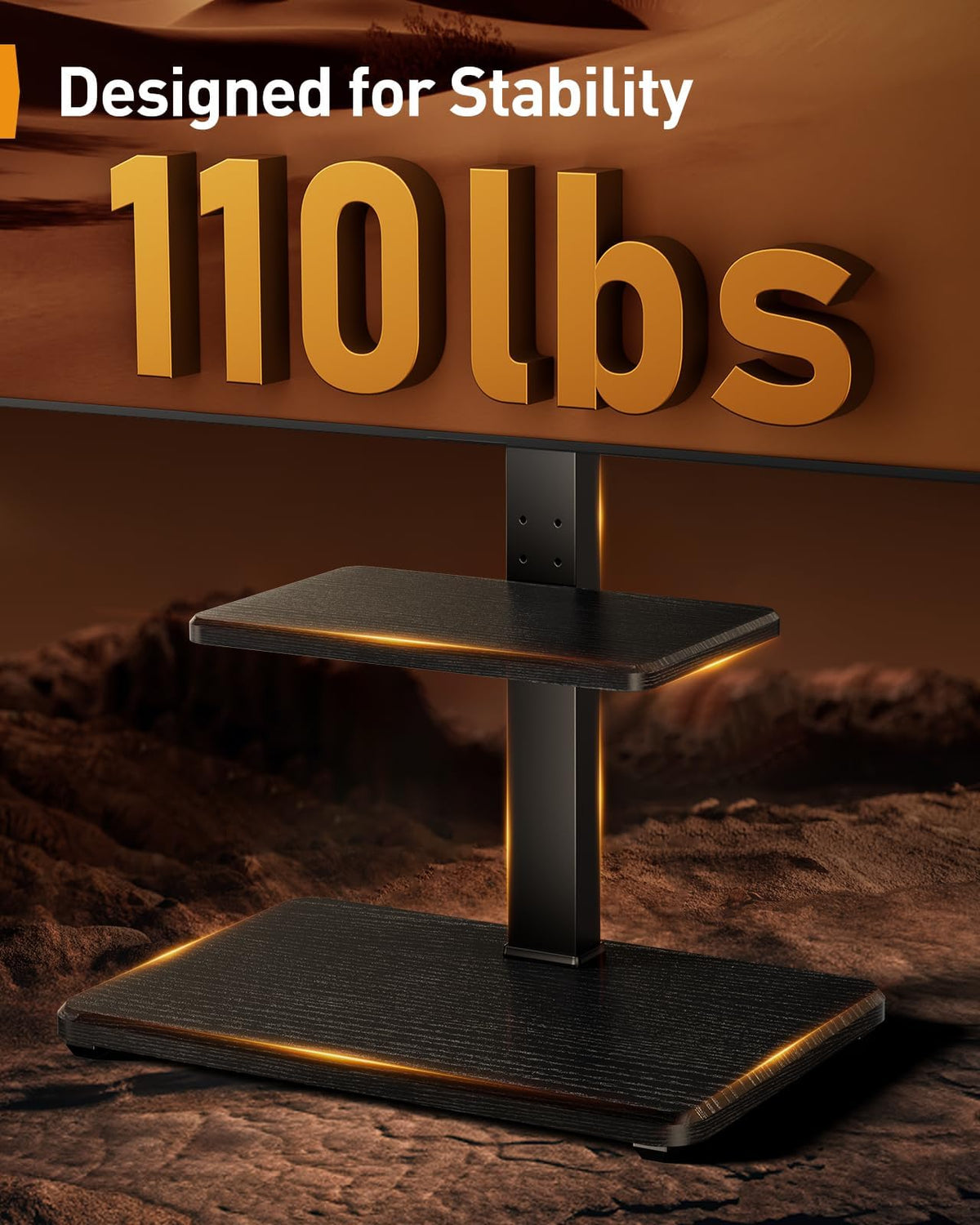 Perlegear stand with height adjustments; bed viewing comfort from multiple levels.