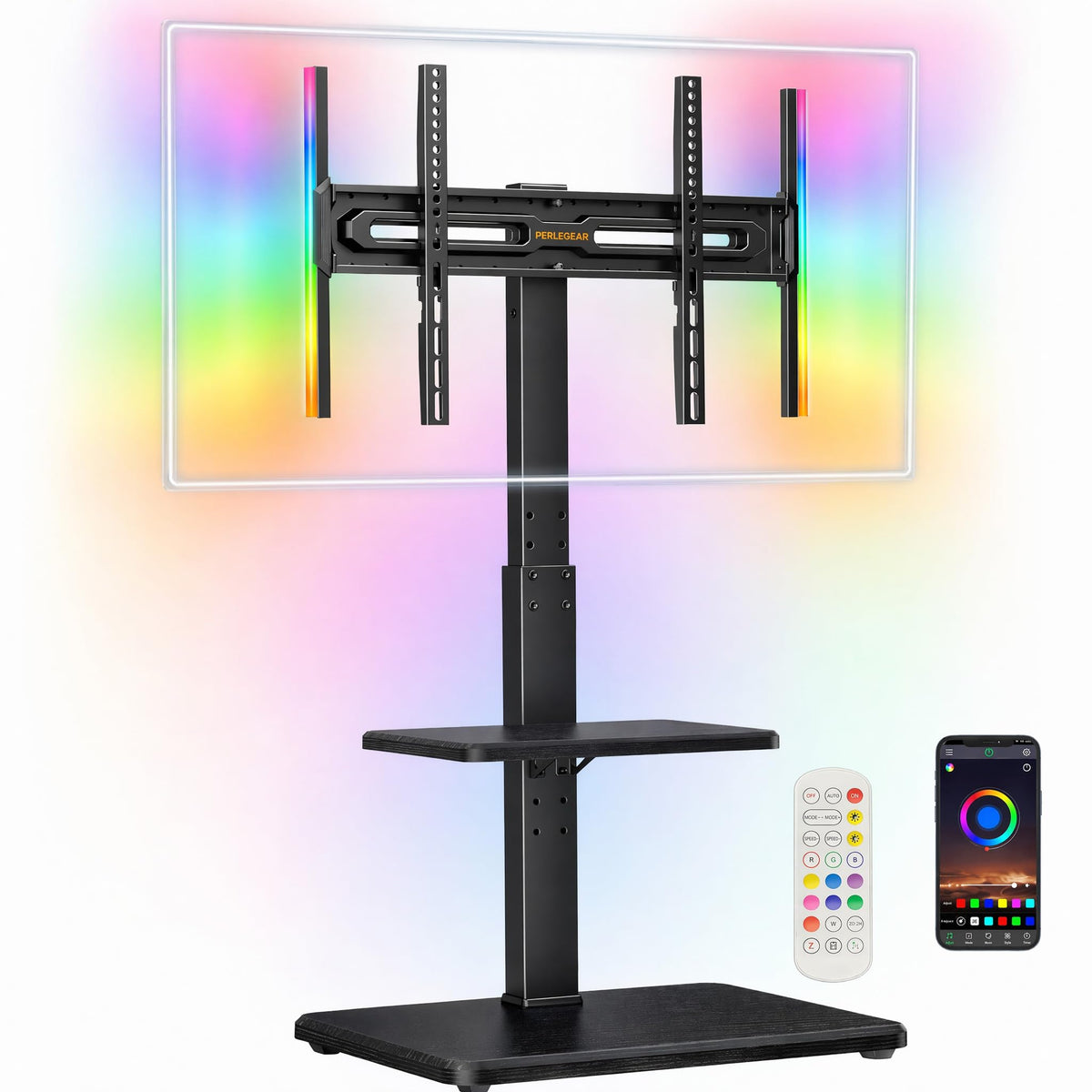 Perlegear floor TV stand with LED lights front view; immersive ambient lighting.