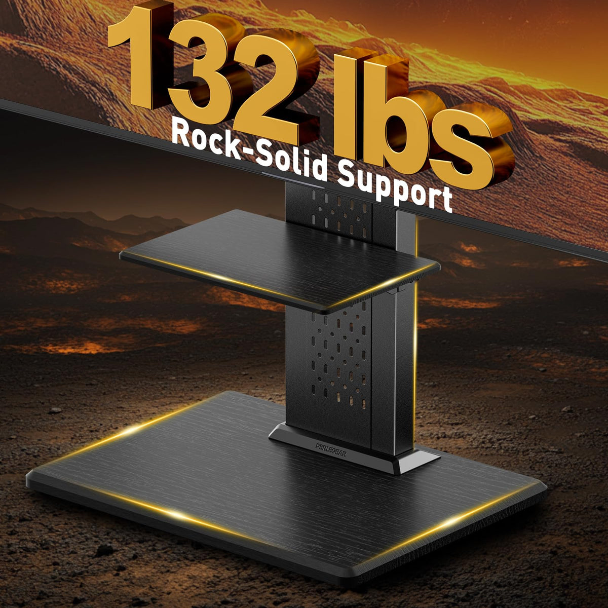Perlegear floor stand enhances living room setup with organization.