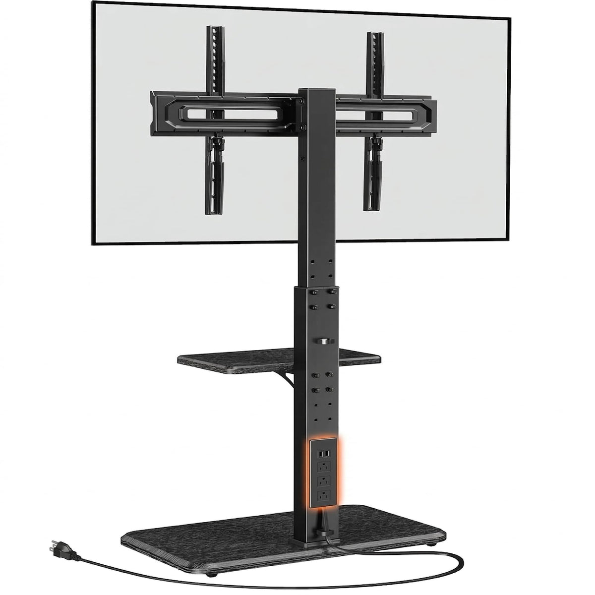Perlegear floor TV stand power outlet back panel for clean cable management and device charging.