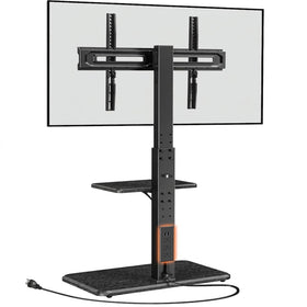 Perlegear floor TV stand power outlet back panel for clean cable management and device charging.