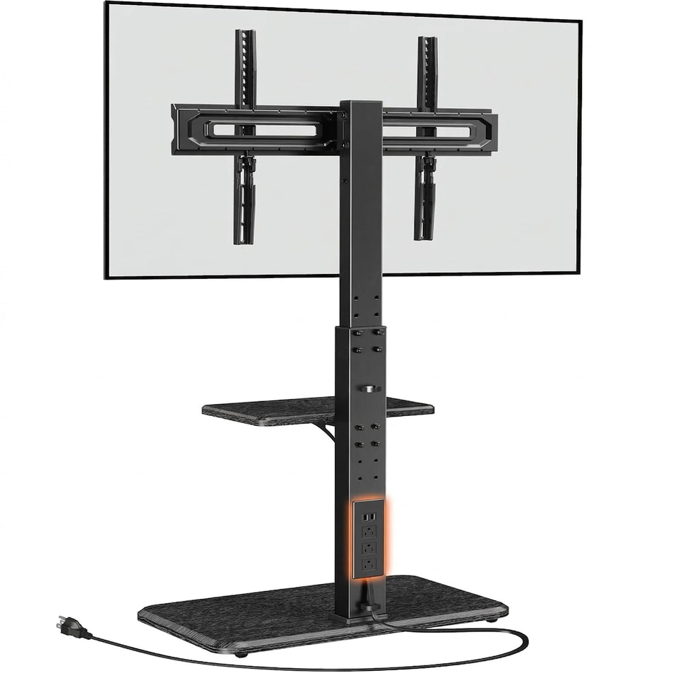 Perlegear floor TV stand power outlet back panel for clean cable management and device charging.