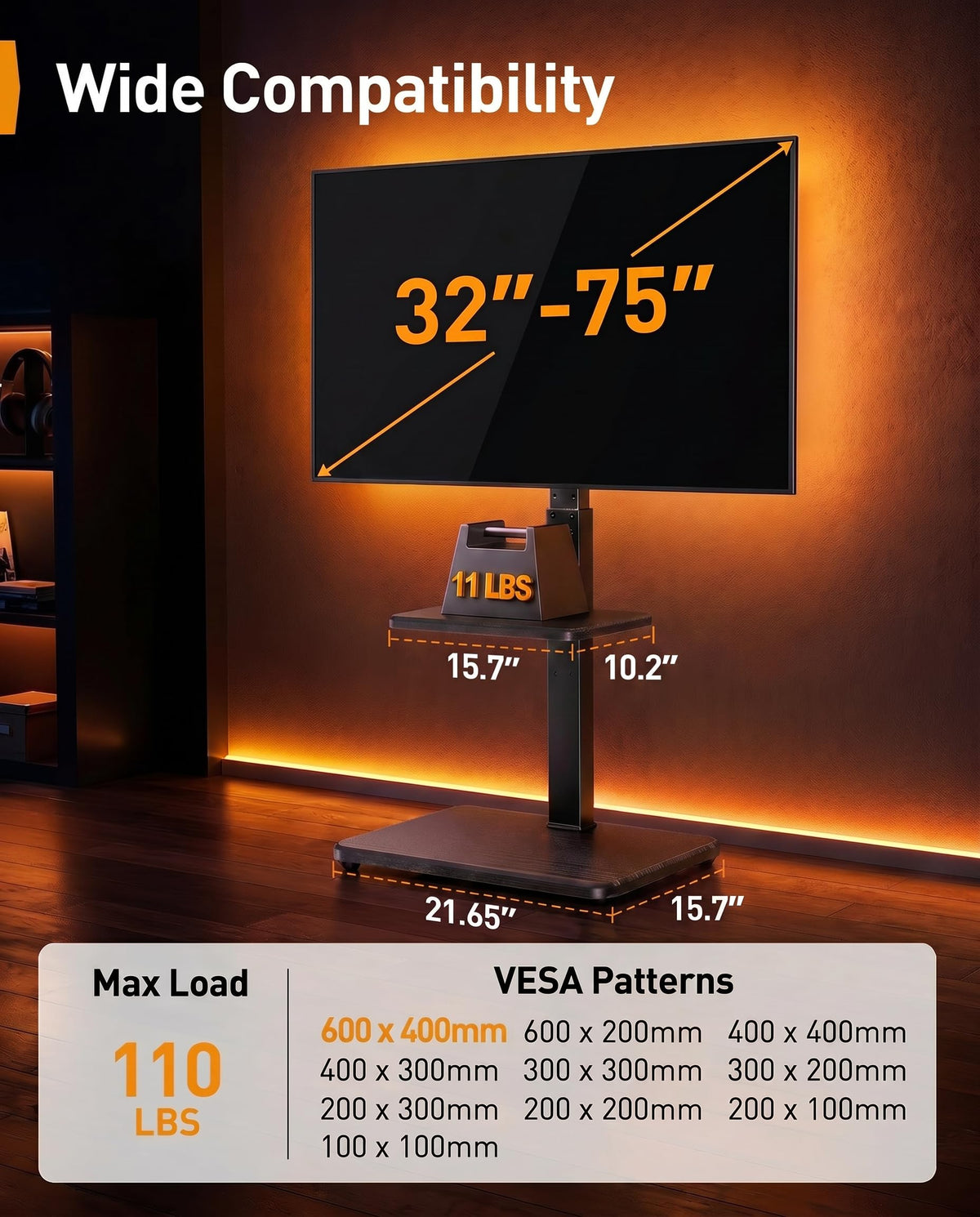 Perlegear floor TV stand supports 34–75 inch TVs with secure VESA up to 600x400mm.
