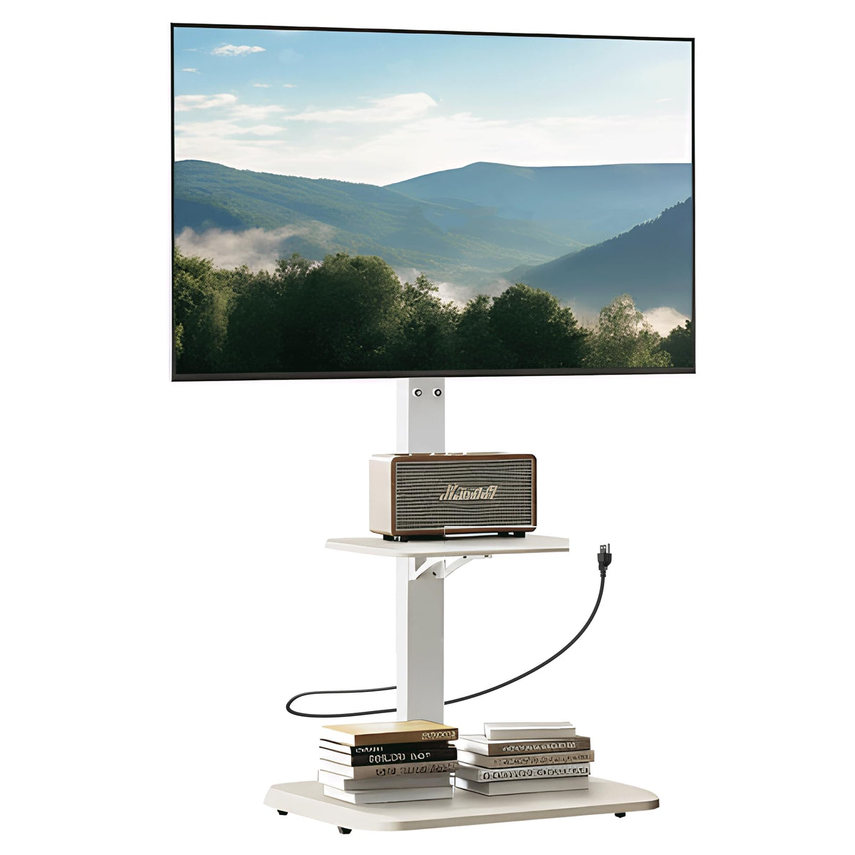 Perlegear floor TV stand with power outlet provides organized charging for devices.
