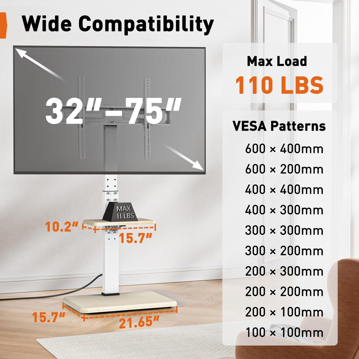 Perlegear wood-base TV stand delivers sturdy support for up to 110 lbs.