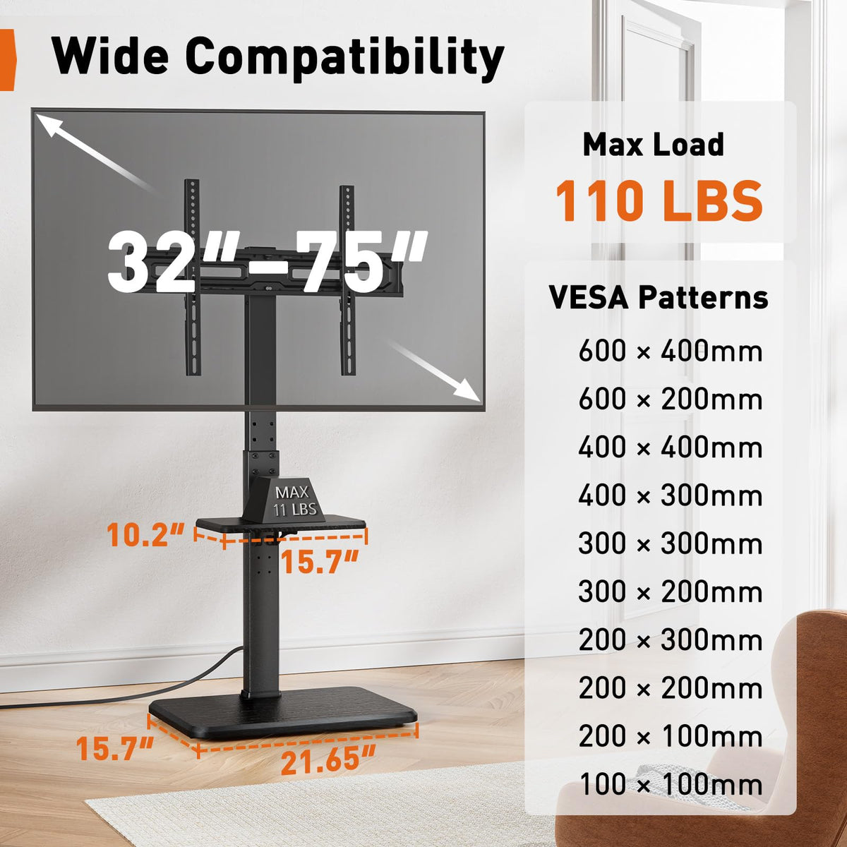 Perlegear floor TV stand with wood base provides sturdy support for large TVs.