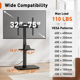 Perlegear floor TV stand with wood base provides sturdy support for large TVs.