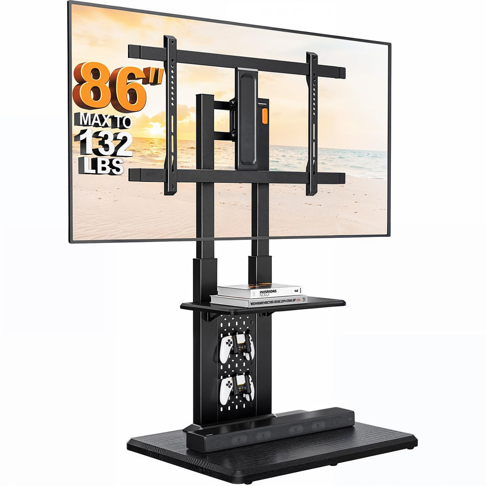 Perlegear floor TV stand with wooden base supports large TVs securely.