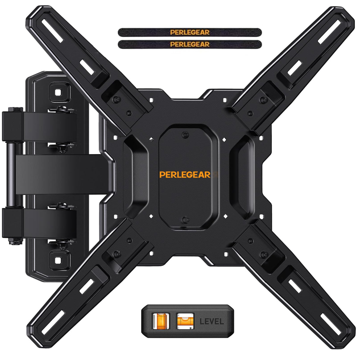 Perlegear front view of boxed full-motion TV mount showing secure packaging and durable build