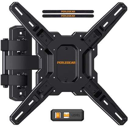 Perlegear front view of boxed full-motion TV mount showing secure packaging and durable build