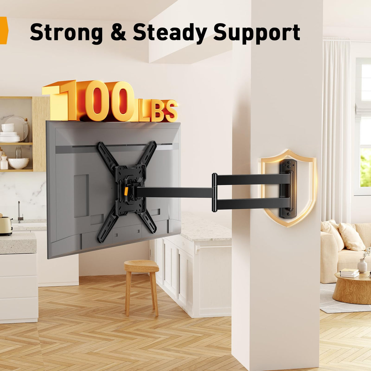 Perlegear full-motion arm tilt and swivel for glare reduction.