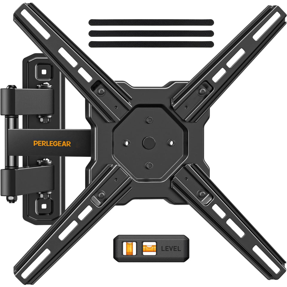 Perlegear full-motion mount arm extended enables flexible viewing angles.